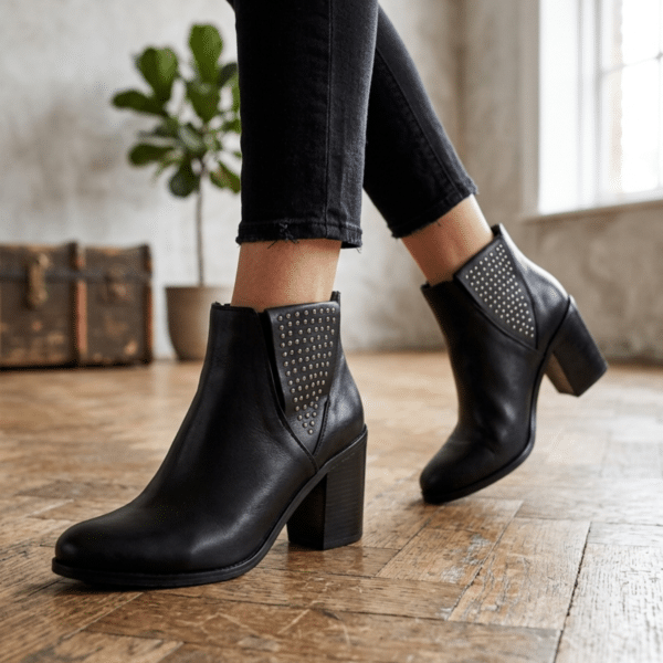 Amelie | Botinetas de Cuero con Tachas y Taco de Folia - Brandy Shoes